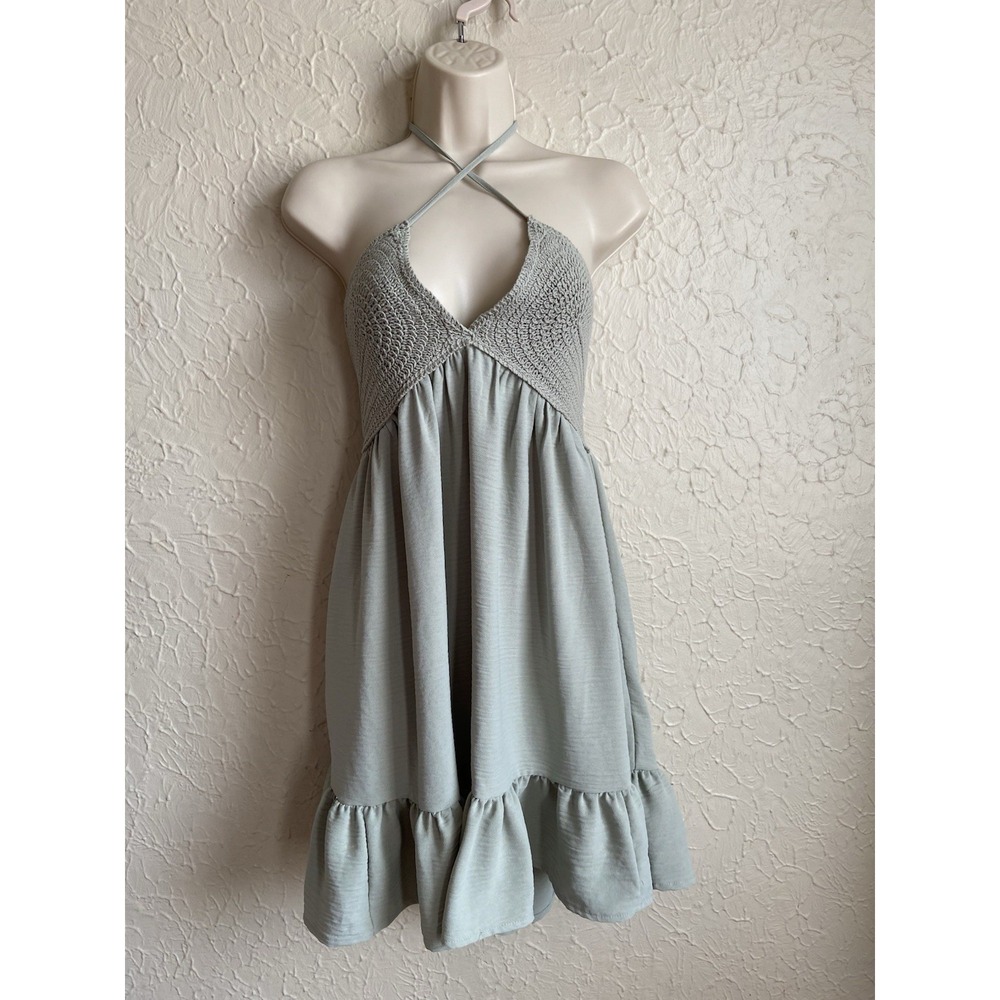 Madden Girl Crochet Halter Mini Dress Sage Green Boho Festival Ruffle Size L
